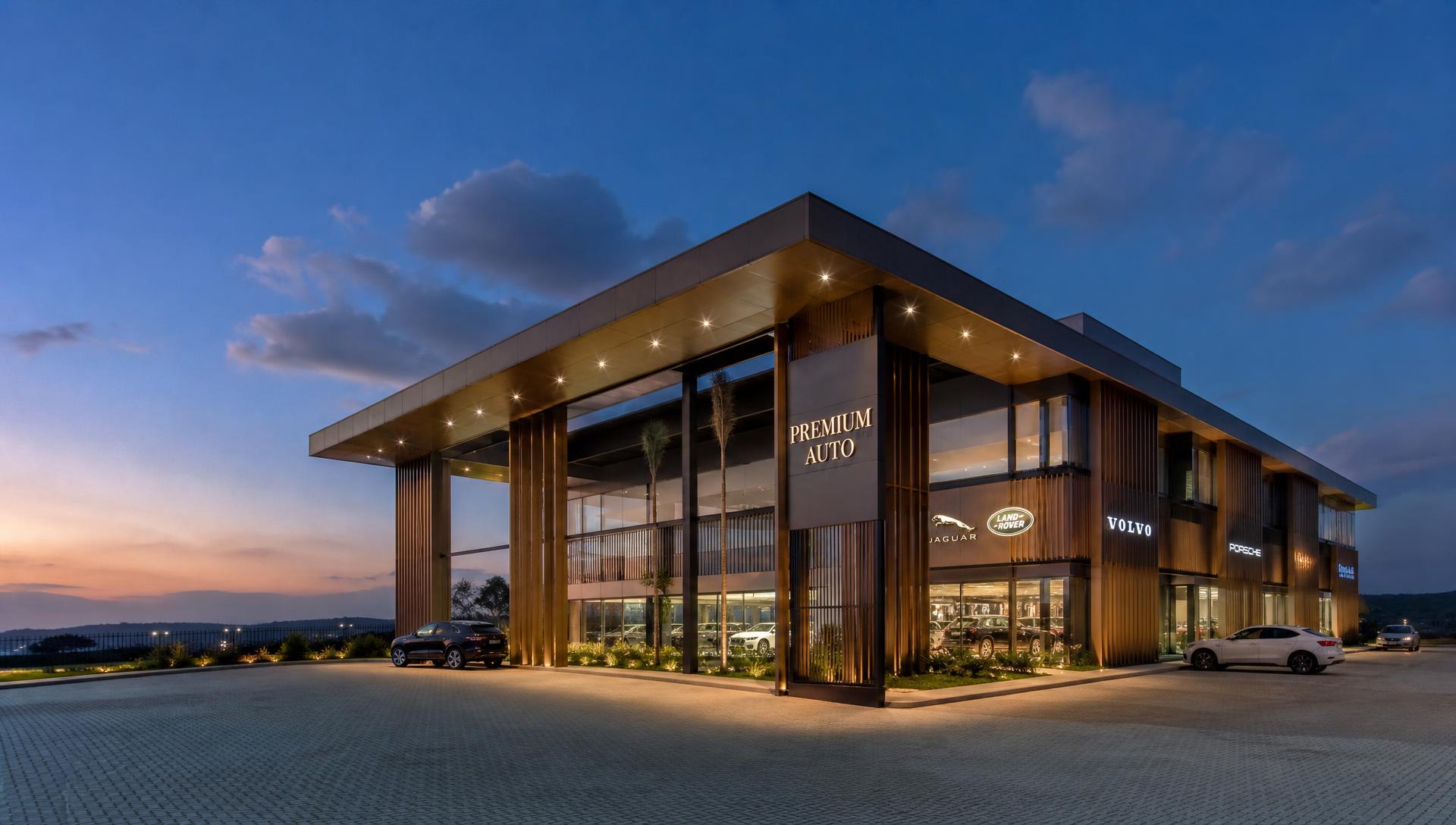Sede corporativa premium com pátio discreto e arquitetura sofisticada entregue pela Lumière